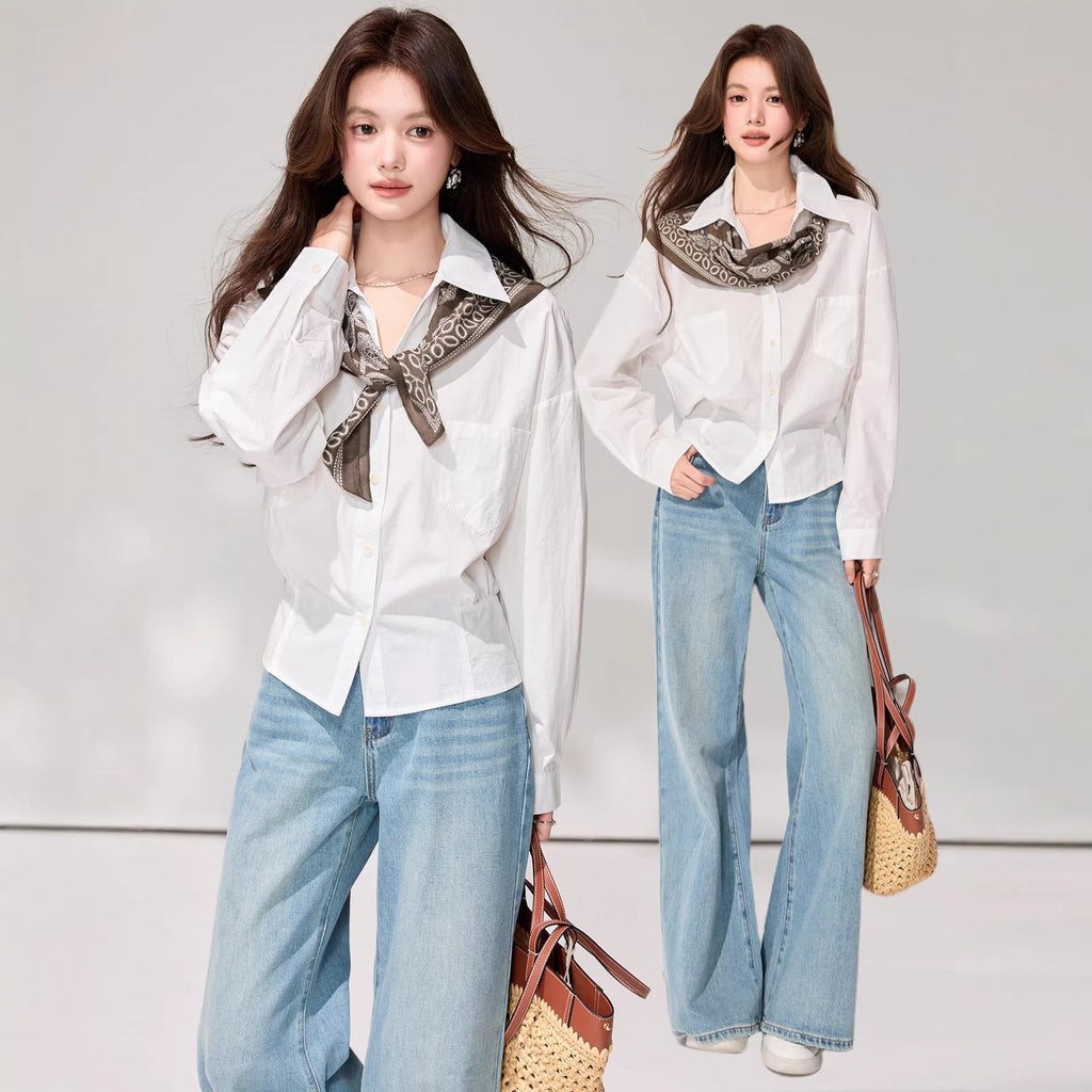 Elegant Soft Style White Long Sleeve Blouse for Women, Loose Turn-down Collar with Scarf, Commuter Chic Top, Sophisticated Spring Wear