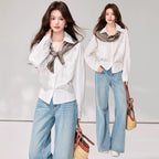 Elegant Soft Style White Long Sleeve Blouse for Women, Loose Turn-down Collar with Scarf, Commuter Chic Top, Sophisticated Spring Wear