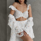Cotton Sleepwear Set with Floral Print, Ruffled Trim, Long Sleeve Top Short Pants, Three-Piece Sweet Women's Loungewear