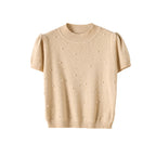 Chic Beaded Short Sleeve Knit Top for Women, Unique High Neck T-Shirt, French Style Elegant Blouse