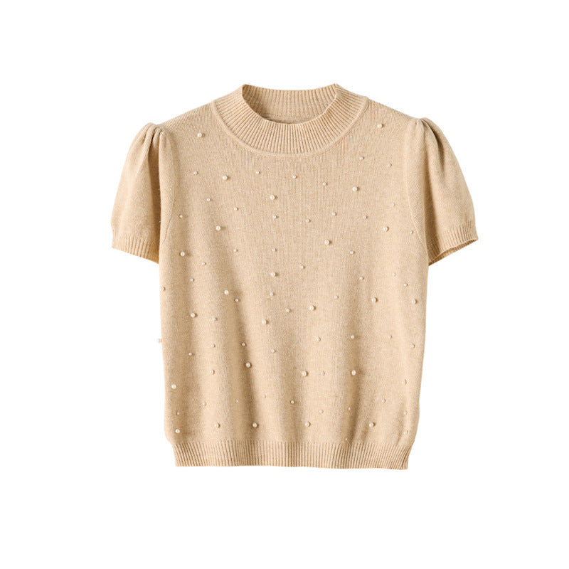 Chic Beaded Short Sleeve Knit Top for Women, Unique High Neck T-Shirt, French Style Elegant Blouse
