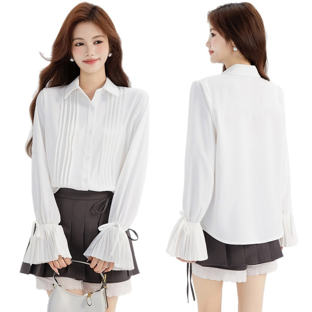 Pleated Flared Sleeve White Blouse for Women, Loose Elegant Commute Long Sleeve Shirt