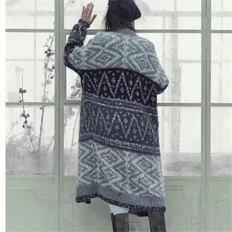 Luxury High Quality Sequined Knit Long Cardigan Women Winter Autumn Brand Thicken Cashmere Sweater Jacket Knitwear Coat