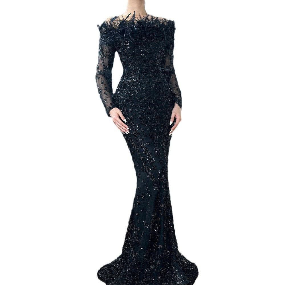 Elegant Black One-Shoulder Feather Mermaid Evening Gown Luxurious and Chic Perfect for Hostess PartyFormal Events
