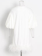 Casual Dresses For Women O Neck Lantern Sleeve High Waist Feathers Pullover Chic Style Dress Female New Summer