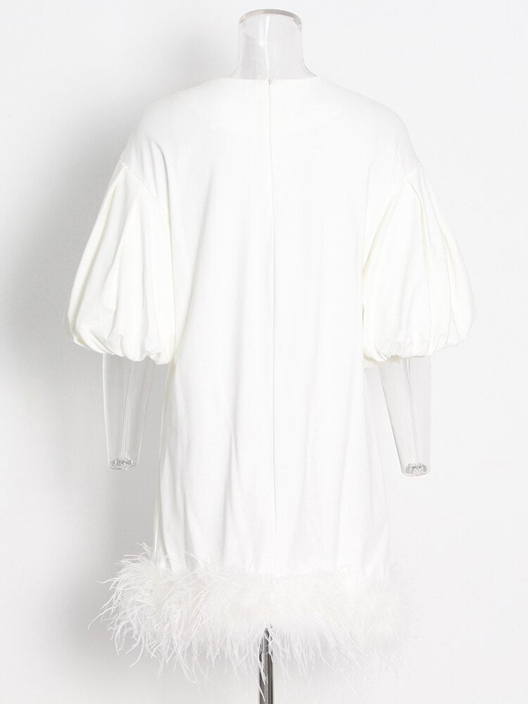 Casual Dresses For Women O Neck Lantern Sleeve High Waist Feathers Pullover Chic Style Dress Female New Summer