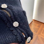 Chic Lace Detachable Peter Pan Collar Rhinestone Buttoned Short Sleeve Knit Sweater Coat for Women