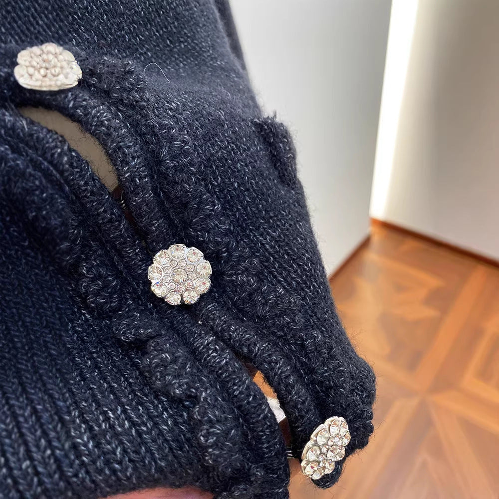 Chic Lace Detachable Peter Pan Collar Rhinestone Buttoned Short Sleeve Knit Sweater Coat for Women