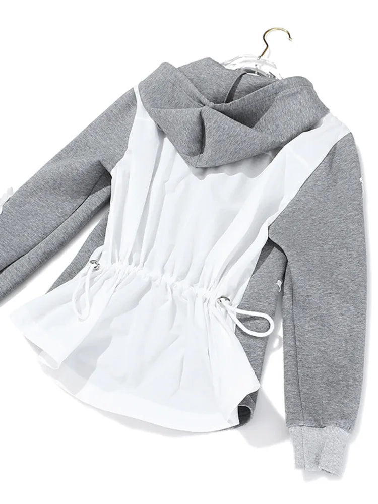 Fashion Women's Hoodies Hooded Contract Color Lace Patchwork Long Sleeves Gray Sweatshirt Autumn