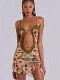 Hollow Out Sexy Printed Thin Strap Mini Dress Women's Backless Sleeveless Fitted Beach Dress Y2K