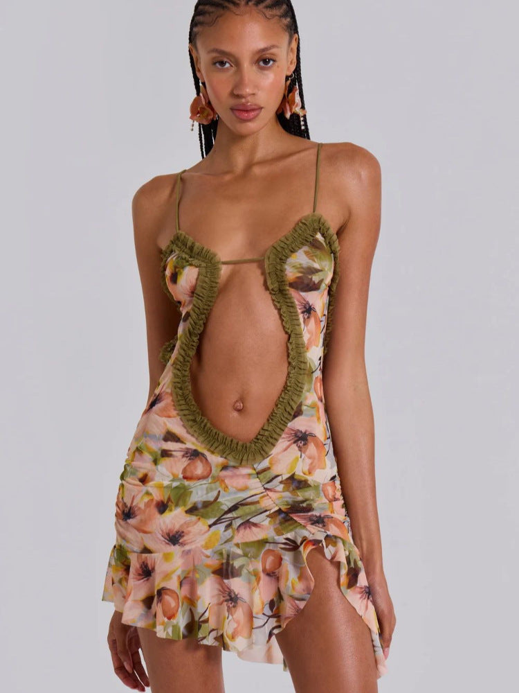 Hollow Out Sexy Printed Thin Strap Mini Dress Women's Backless Sleeveless Fitted Beach Dress Y2K
