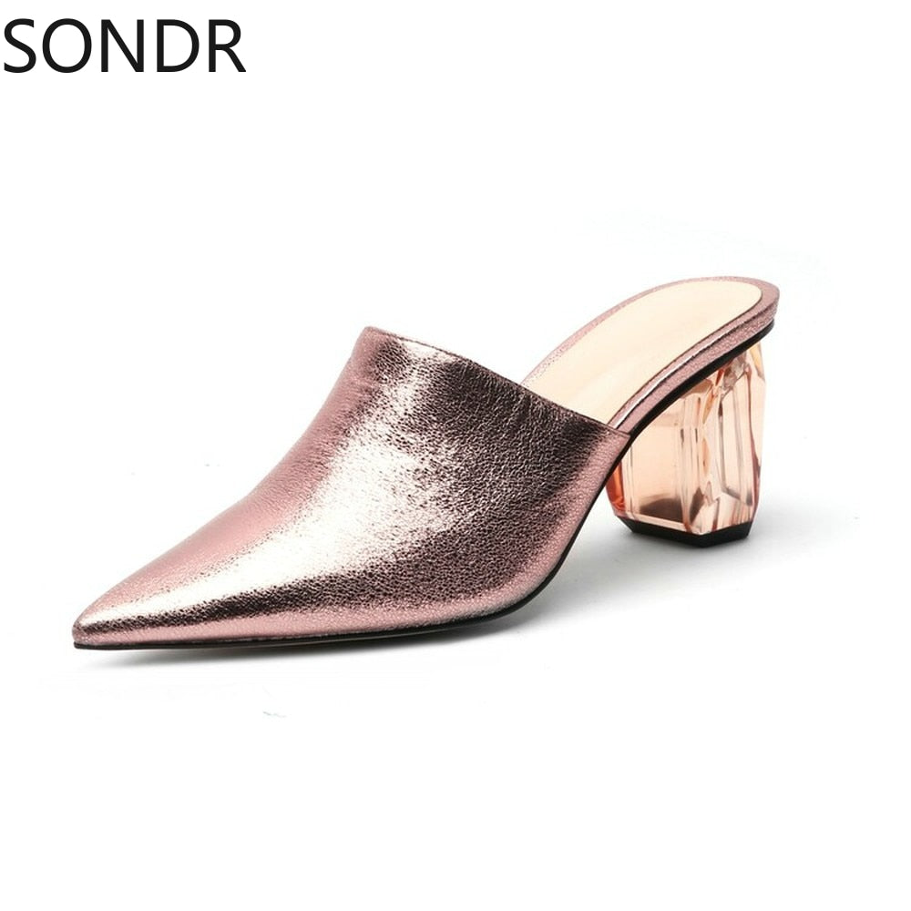 Womens Pointed Toe Leather Clear Stitching Snake Pattern Mules Crystal Heel Slippers Slides Shoes Sandals Summer Plus Size