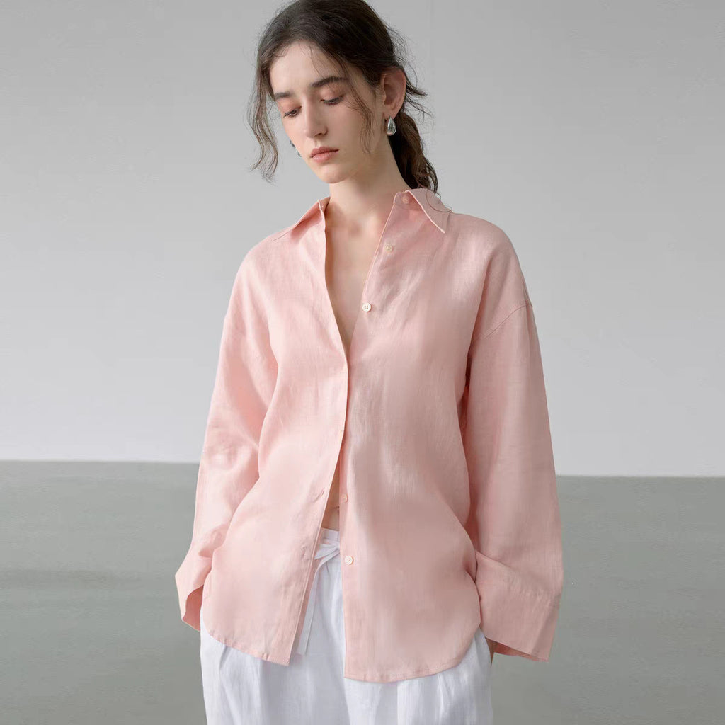 Linen-Blend Shirt Long Sleeve White Blouse Loose Fit Breathable and Cool