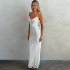 Summer Long Dress, Strapless V-Neck Backless Polka Dot Fashion Elegant Vacation Bodycon Slim Fit Dress