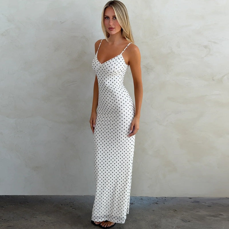 Summer Long Dress, Strapless V-Neck Backless Polka Dot Fashion Elegant Vacation Bodycon Slim Fit Dress