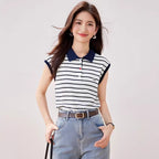 Light Luxury Retro Stripe Short Sleeve T-Shirt for Women, Summer Slim Fit Loose Embroidered Top Fashion