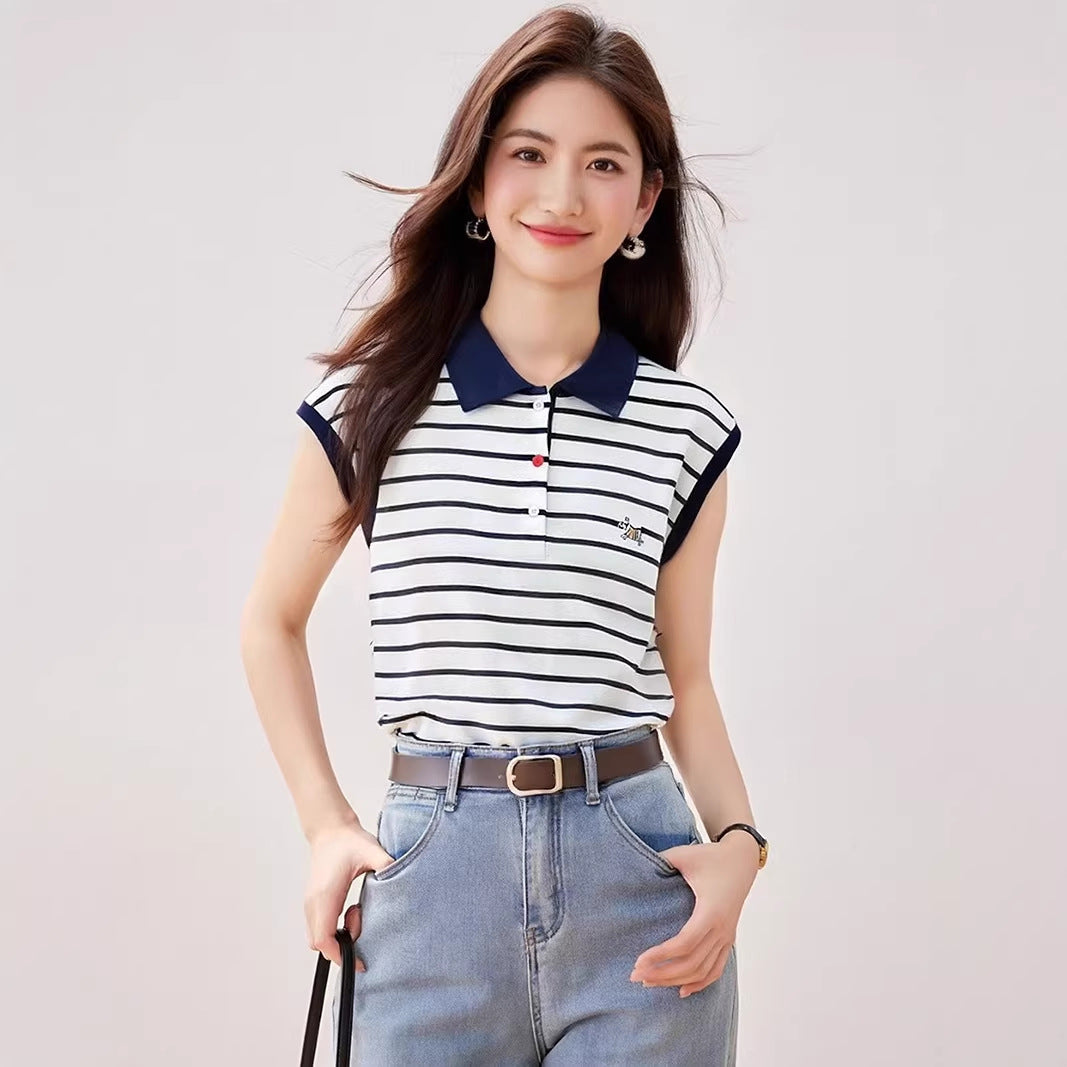 Light Luxury Retro Stripe Short Sleeve T-Shirt for Women, Summer Slim Fit Loose Embroidered Top Fashion