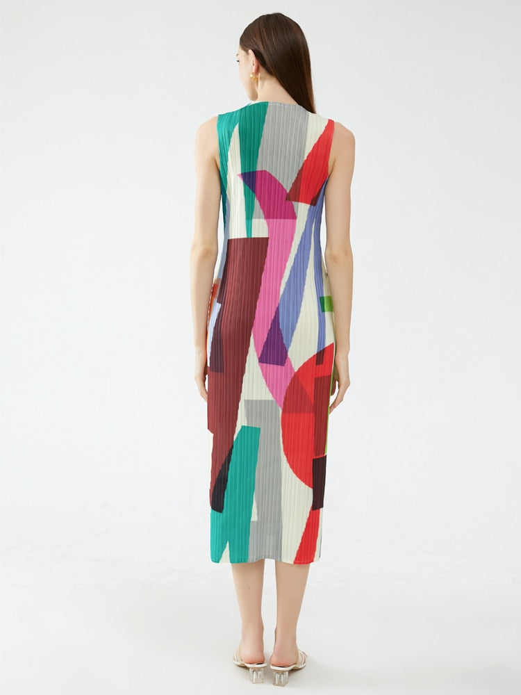 Pleated Sleeveless Square Printed Vest Long Dress Women Summer New Korean Fashion Causal Aesthetic Designer Clothes