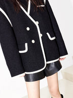 Vintage Coats For Women V Neck Long Sleeve Patchwork Single Breasted Casual Coat Female Fashion Clothing