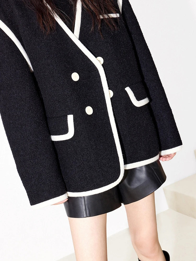 Vintage Coats For Women V Neck Long Sleeve Patchwork Single Breasted Casual Coat Female Fashion Clothing