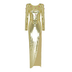 Women's New Long Sleeve Sequined Diamond Mid Length Slit Bandage Dress