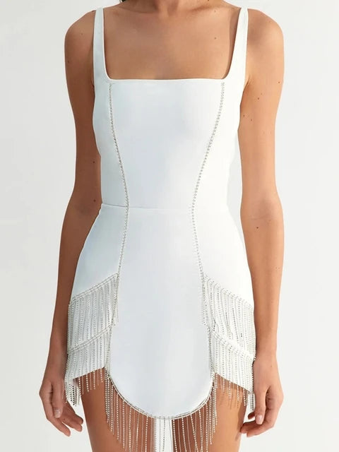 Heavy Industry Diamond Tassel Sleeveless Square Neck Bandage Dress Small Dress