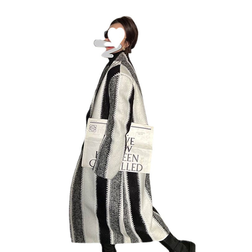 Streetwear Loose Striped Woolen Trench Coat For Women Single Breasted Luxury Designer Overcoat Autumn New Wool Jacket 2023