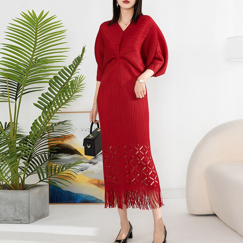 OFF high quality solid designer v-neck office work ladies maxi dresses for women new in zevity batwing sleeve elegant party robe