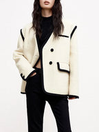 Vintage Coats For Women V Neck Long Sleeve Patchwork Single Breasted Casual Coat Female Fashion Clothing