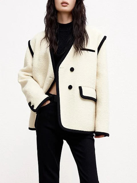 Vintage Coats For Women V Neck Long Sleeve Patchwork Single Breasted Casual Coat Female Fashion Clothing