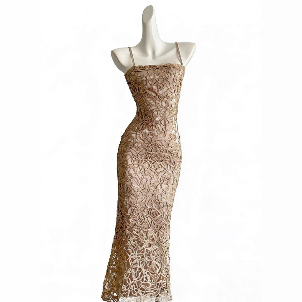 Champagne Gold Lace Cut-Out French Style Elegant Strap Dress for Women Unique Side-Slit Evening Gown, Mid-Length Dress