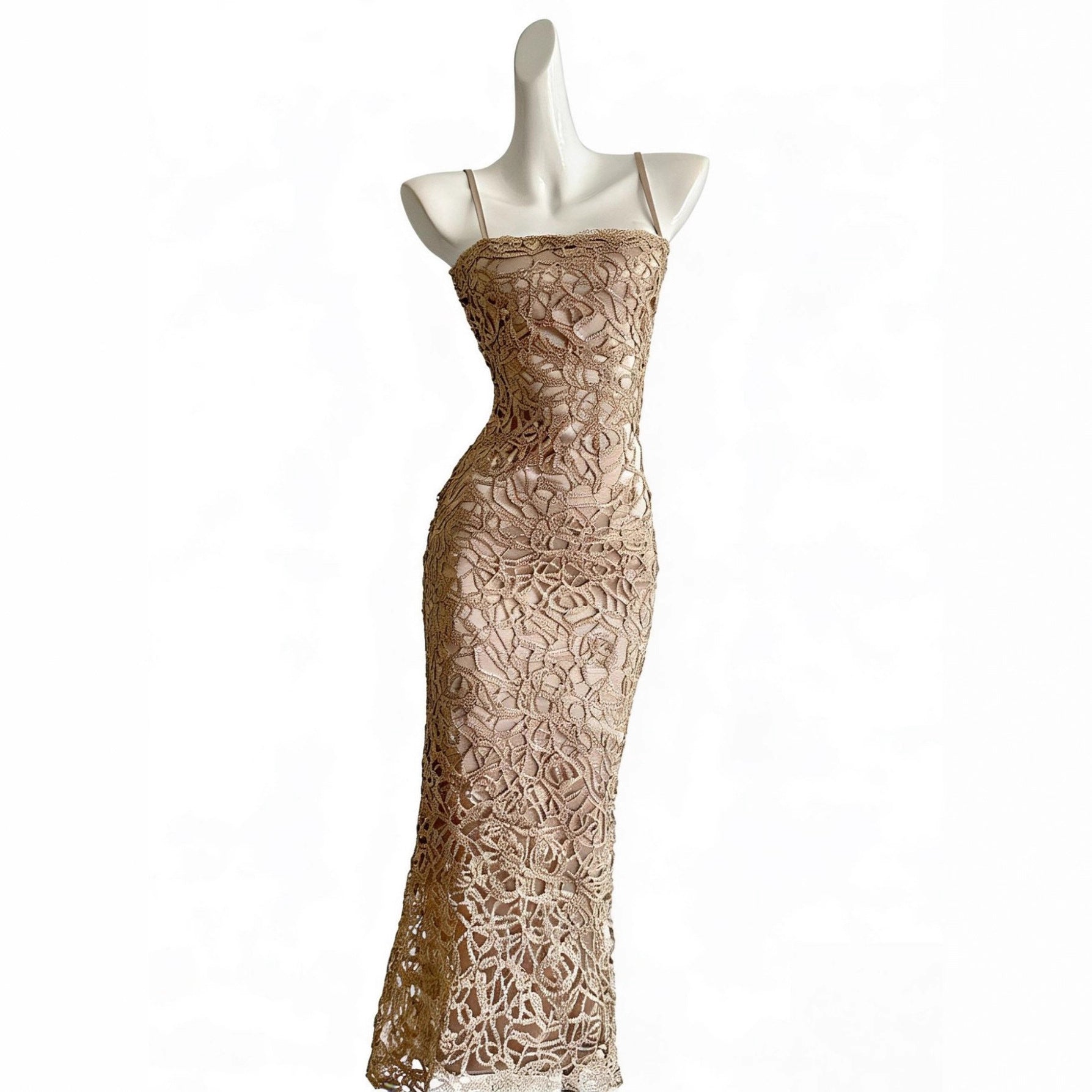 Champagne Gold Lace Cut-Out French Style Elegant Strap Dress for Women Unique Side-Slit Evening Gown, Mid-Length Dress