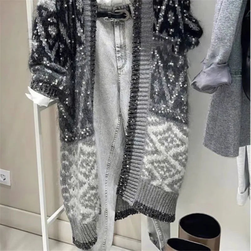 Luxury High Quality Sequined Knit Long Cardigan Women Winter Autumn Brand Thicken Cashmere Sweater Jacket Knitwear Coat