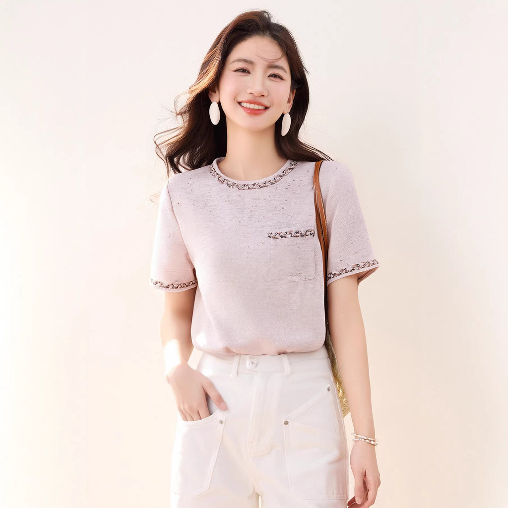 Fashionable and Elegant Lightweight Luxury Style Beaded Short Sleeve Top with Round Neck, Chic Inner Wear