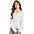 Chic Slant Button Flip Collar Blouse for Women, Fitted Slimming Office Commute Versatile White Shirt