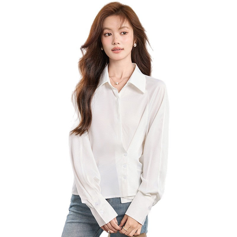 Chic Slant Button Flip Collar Blouse for Women, Fitted Slimming Office Commute Versatile White Shirt