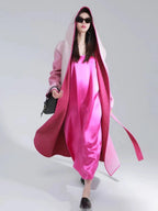 Fashion Women's Woolen Coat Hooded Buttonless Lace-up Straight Two-sided Gradient Mid-calf Overcoat