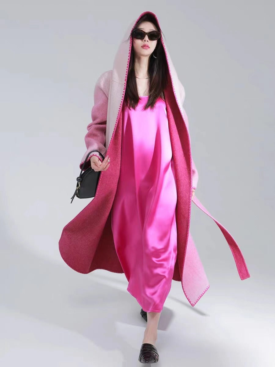 Fashion Women's Woolen Coat Hooded Buttonless Lace-up Straight Two-sided Gradient Mid-calf Overcoat