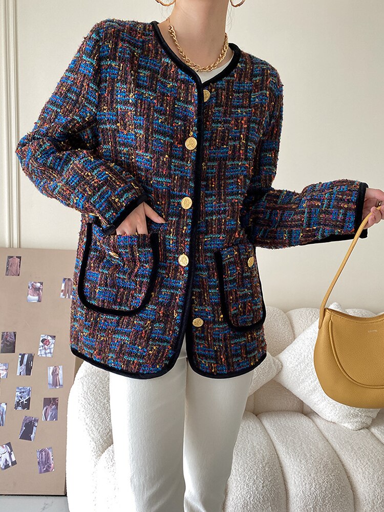 Fashion Women's Jackets New Tweed Round Neck Loose Single Breasted Long Sleeve Lattice Coat Female Autumn