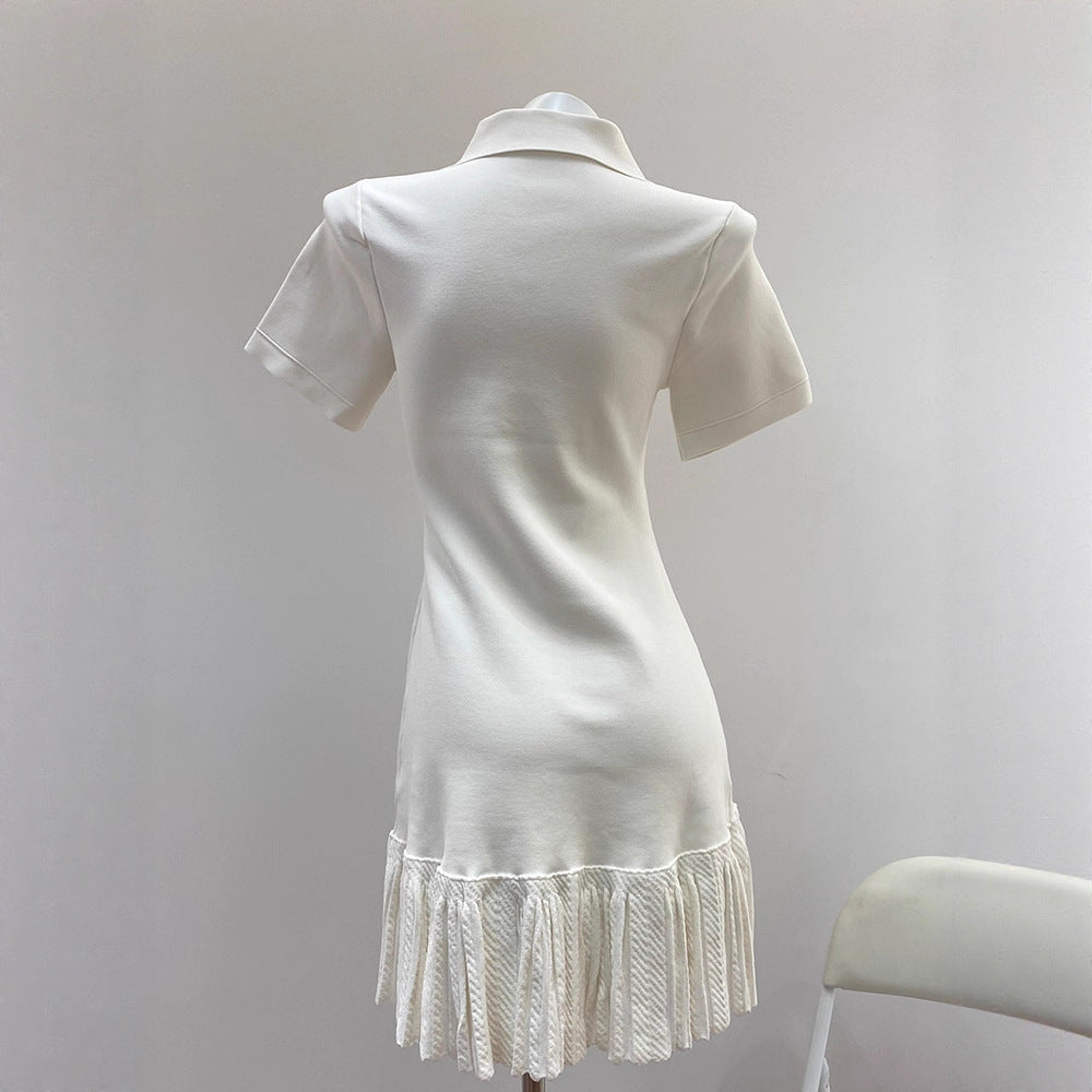 Elegant French Turn-Down Collar Polo Knitted Pleated Dress for Tennis and Golf White Casual Style