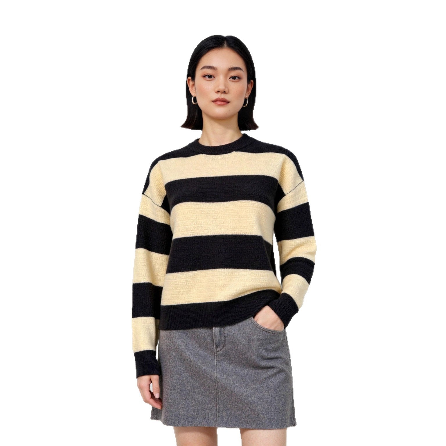 Thickened Wool Sweater Inner Retro Color Block Loose Lazy Striped Base Layer Top Women's Outer Knitted Sweater