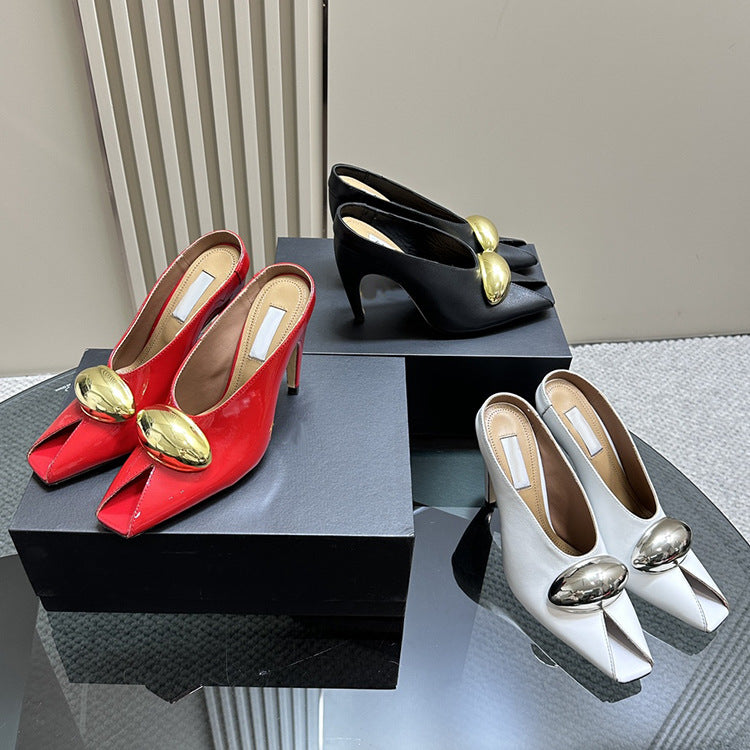 Hot Brand Gold Metal Decor Slides Leather Women Slippers Designer High Heel Gladiator Sandals Ladies Party Shoes Slippers Women