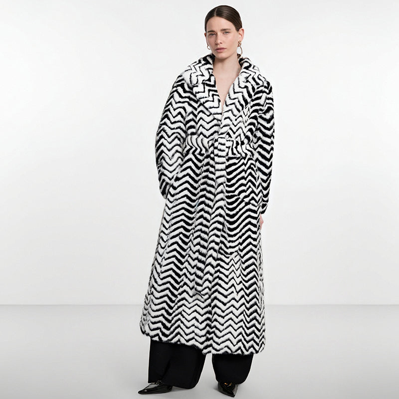 Super Long Women Faux Fur Coat Luxury Lapel Thick Warm Black White Striped Furry Women Jacket Winter Clothes Women