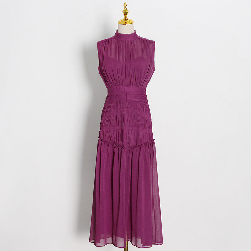 New Chiffon Small Stand Collar Solid Color Stitching Slim Long Swing Dress
