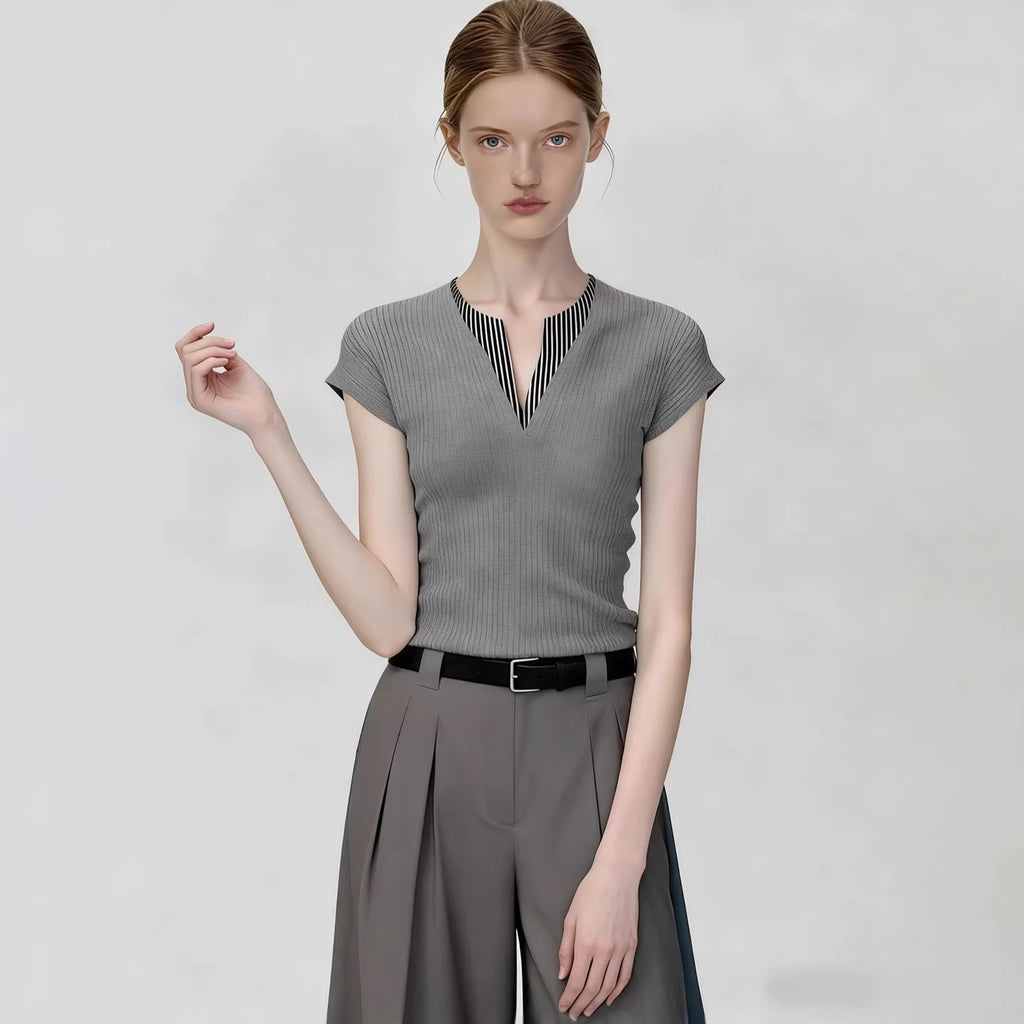 Short Sleeve T-Shirt Versatile Slim Fit  Gray V-Neck Sexy Knit Top