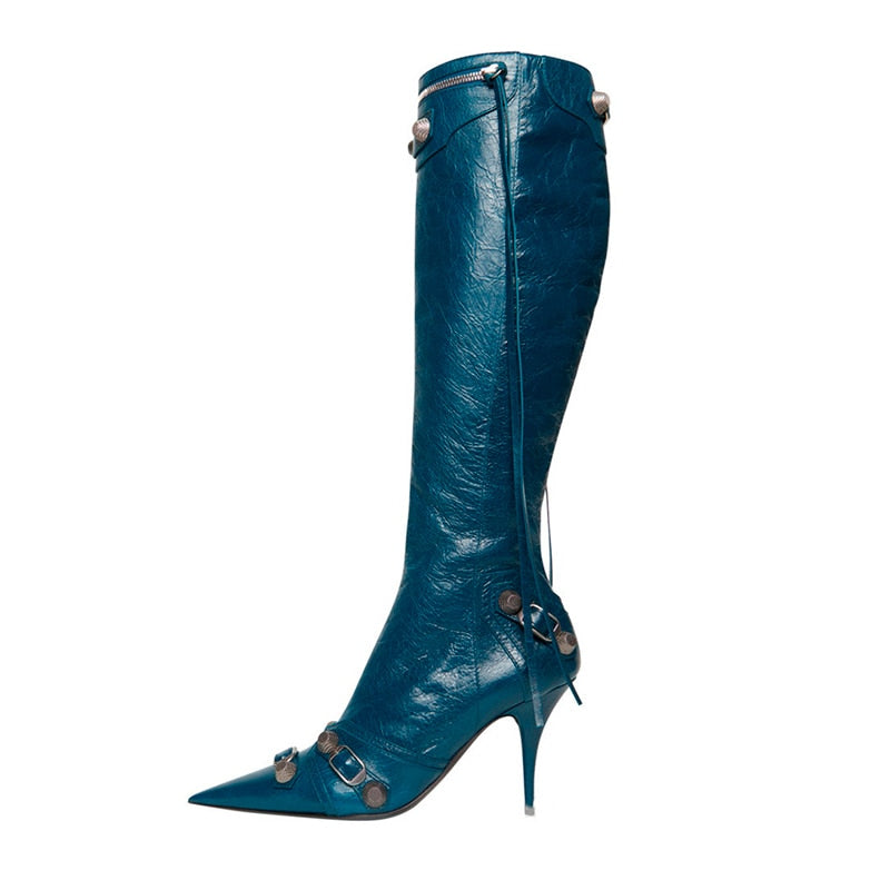 Women's Sexy High Heels Metal Buckle Luxury Shoes Fashion Pointed Toe Ankle Boots Black Stiletto Dress Party Short Boots