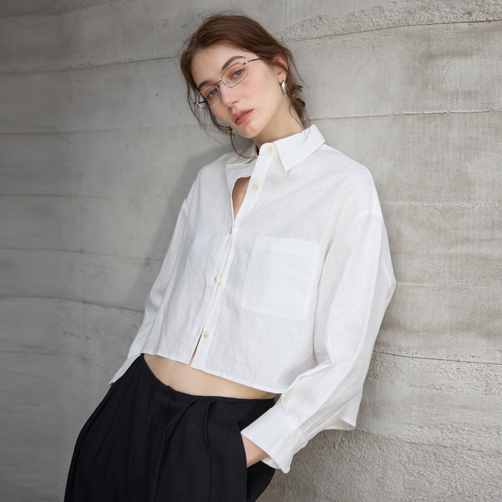 Pure Linen Long Sleeve Short Length Women's Commuter Style Solid Color Loose Cardigan Top French Chic Blouse