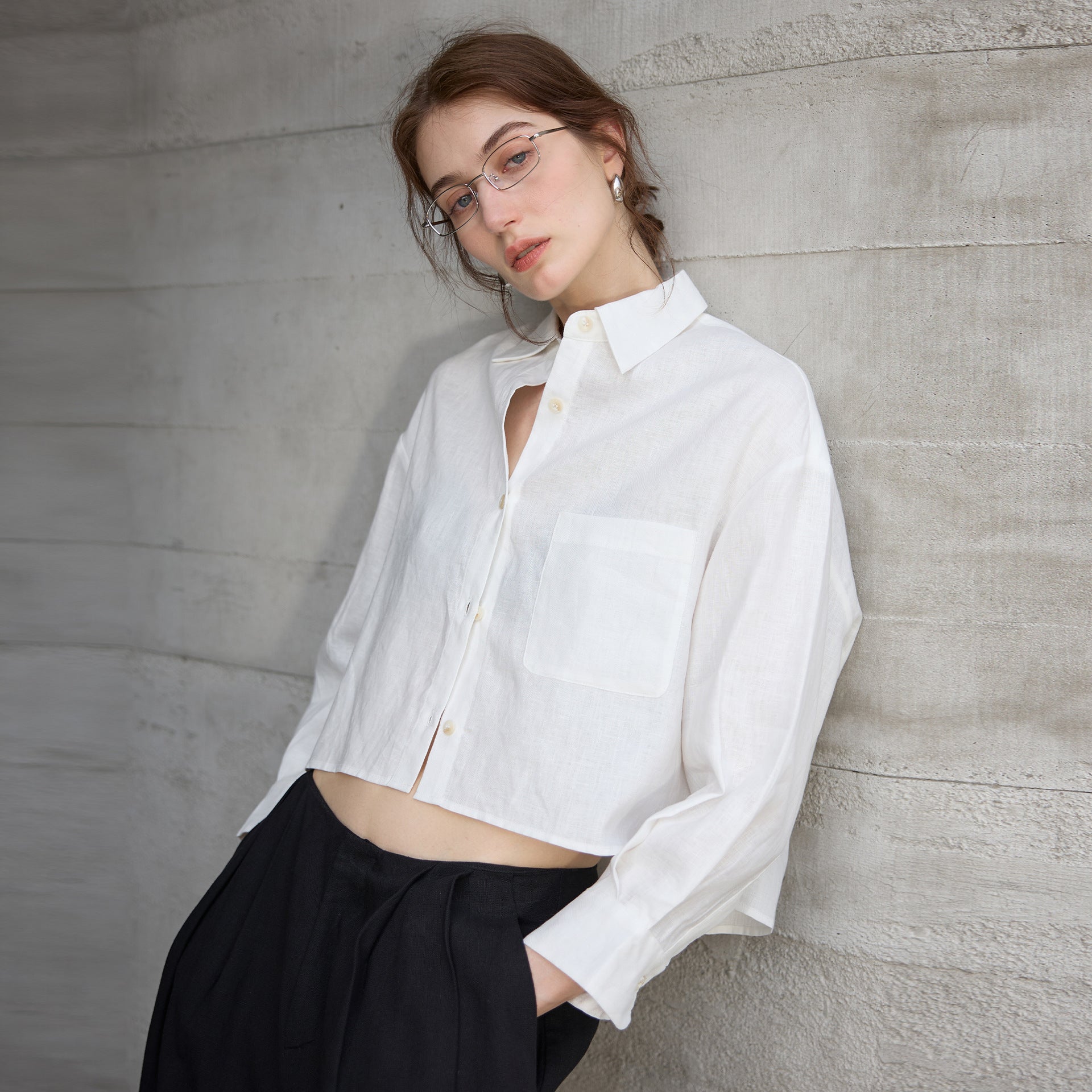 Pure Linen Long Sleeve Short Length Women's Commuter Style Solid Color Loose Cardigan Top French Chic Blouse