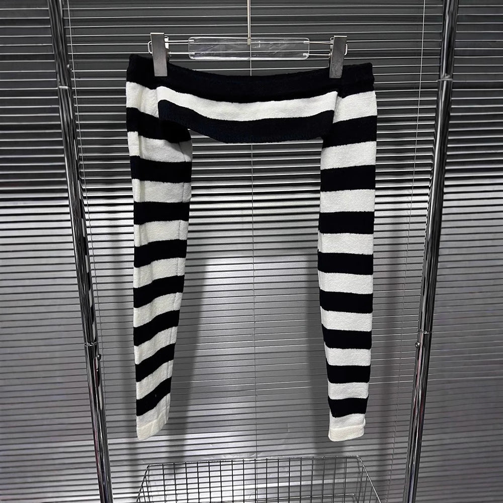 Color blocking striped sexy one shoulder knitted sweater for women spicy girl off shoulder slim fit long sleeved sweater