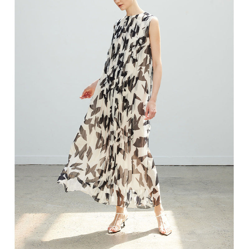 Vintage Salt-Style Elegant Piano Pleat Printed Unique Sleeveless Dress